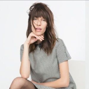 Zara Houndstooth Shift Dress, Faux Leather Collar